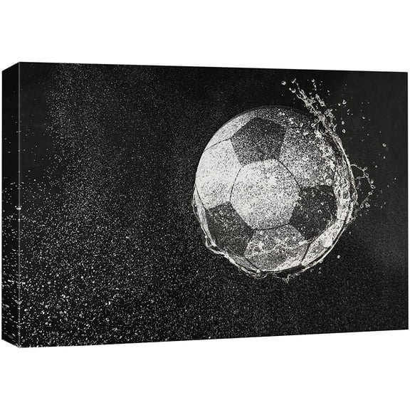 Aaheei Canvas Print Wall Art Black & White Grayscale Raining Soccer Field Soccer Ball Sports Fitness Photography Realism Decorative Scenic Multicolor for Living Room, Bedroom, Office