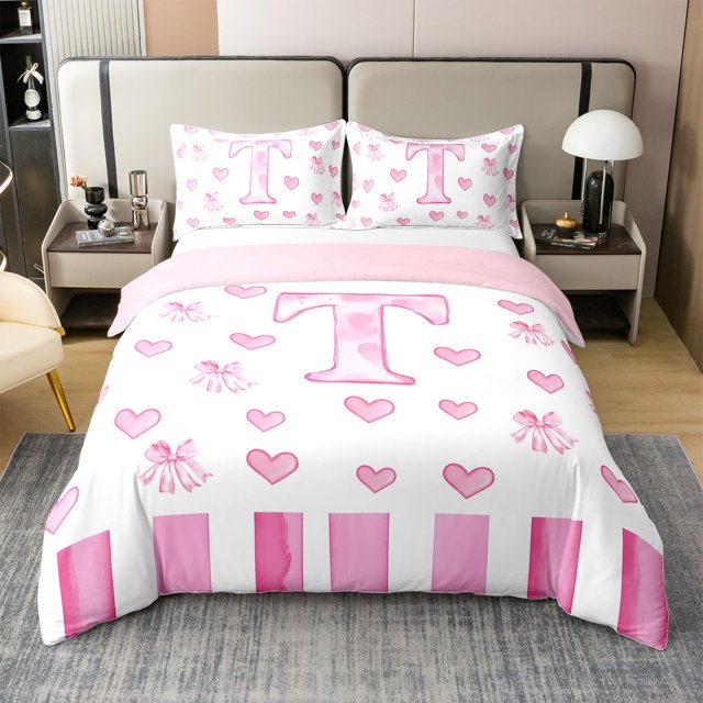 Erosebridal Housse de Couette en Coton 100 % Lettre Initiale T Format Simple, Housse de Couette en Coton 100 % Monogrammée Simple, Déco Nœud Kawaii, Réversible 2 Pcs (Sans Couette)