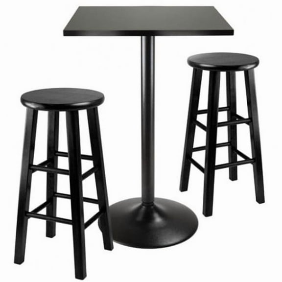 3pc Counter Height Dining Set  Black Square Table Top and Black Metal Legs with 2 Wood Stools
