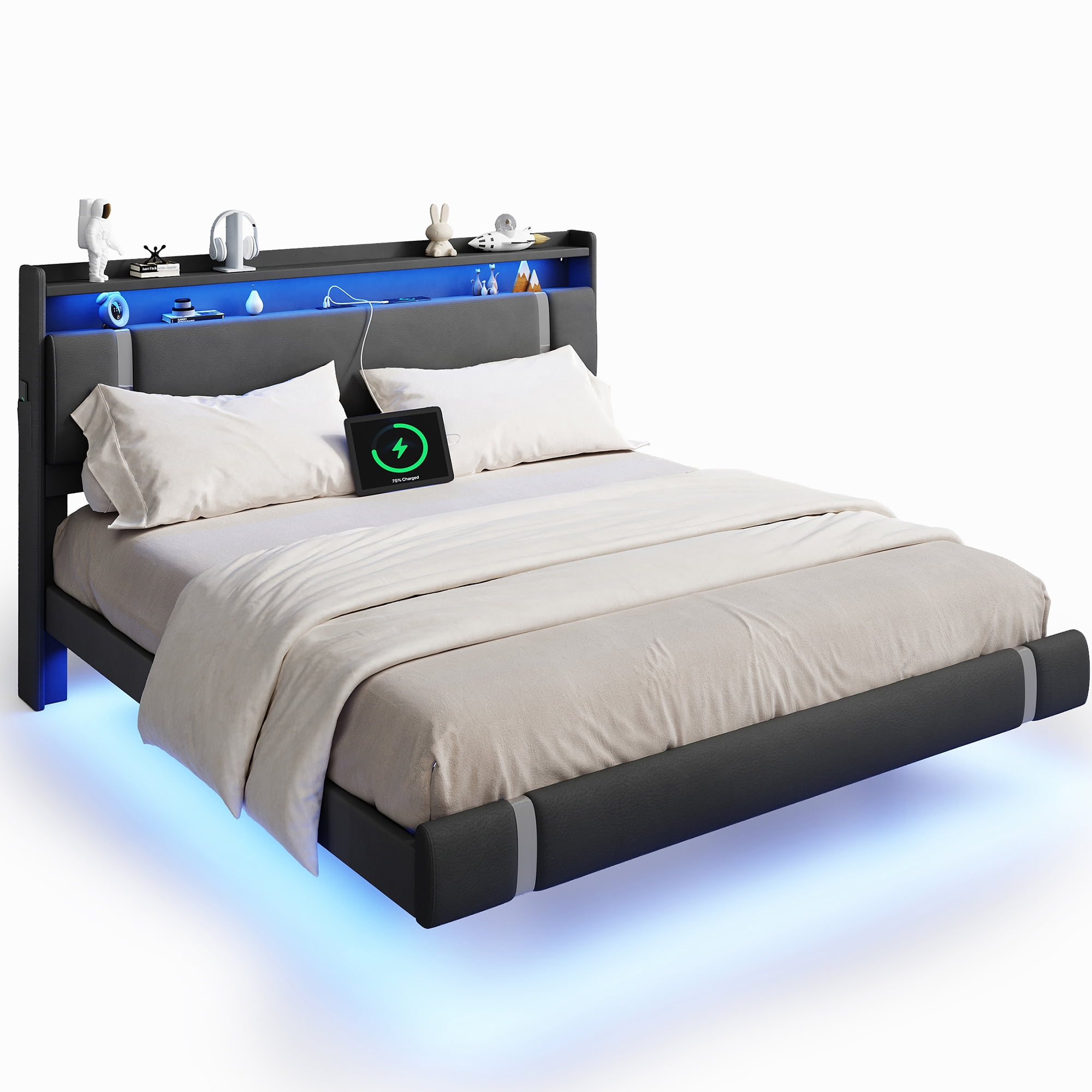 IDEALSOUL King Size Floating Bed Frame with Upholstered Storage Headboard, Metal Platform Bed with Charging Station & LED,No Box Spring Needed,Easy to Assemble (King,Black)