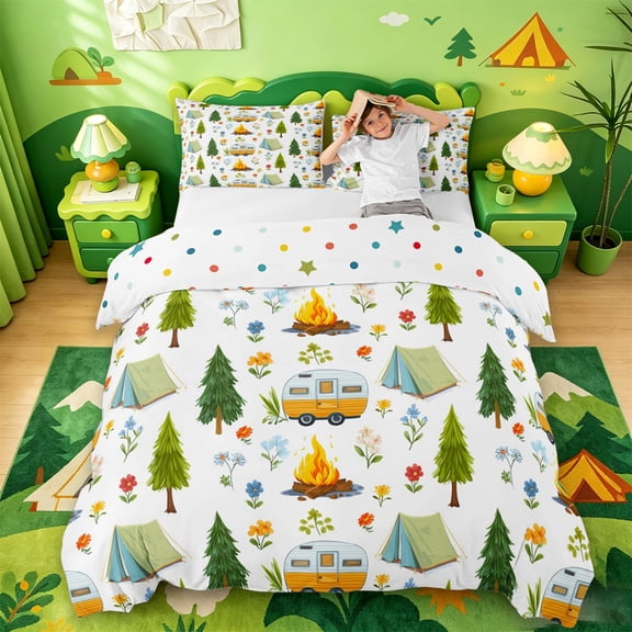 Catabedysis Floral Camping Bedding,Caravan Tent Pattern Duvet Cover Full For Boys,Multicolor,Polkadot Reversible,3 Pieces,1 Duvet Cover and 2 Pillowcases