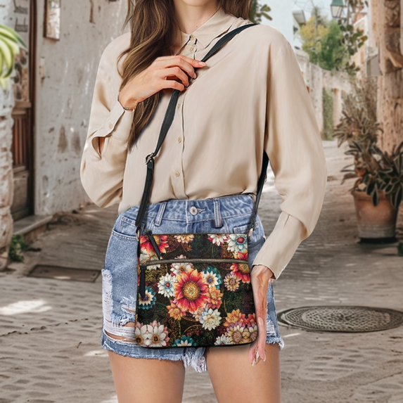 HELLHERO Floral Mandala Waterproof Crossbody Purse for Daily Weekend Activities, Smooth Zipper Lightweight PU Leather Crossbody Purse Adjustable Strap Crossbody Bag