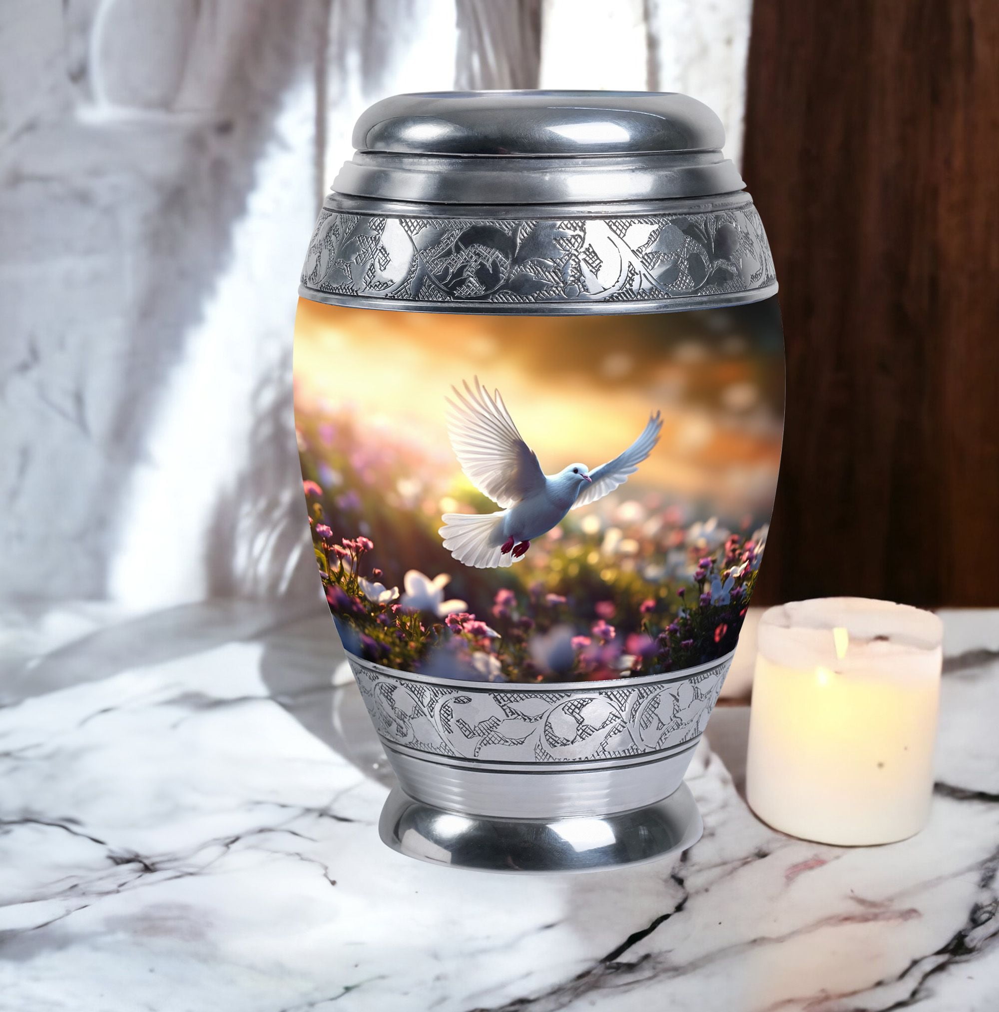 Large Dove Flying Clsoe To Flowers Urn For Human Ashes - Urn For Human Ashes Adult Women & Men - Ash Urns For Humans - Human Remain Urns - Urns For Cremation Ashes (Size - 10inch)