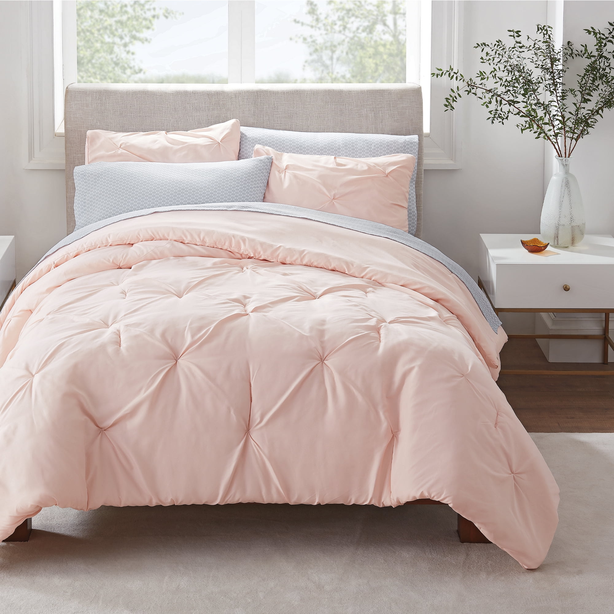 Serta Simply Clean in a Bag Solid Pleated Blush Pink, King, 7-Piece - Walmart.com