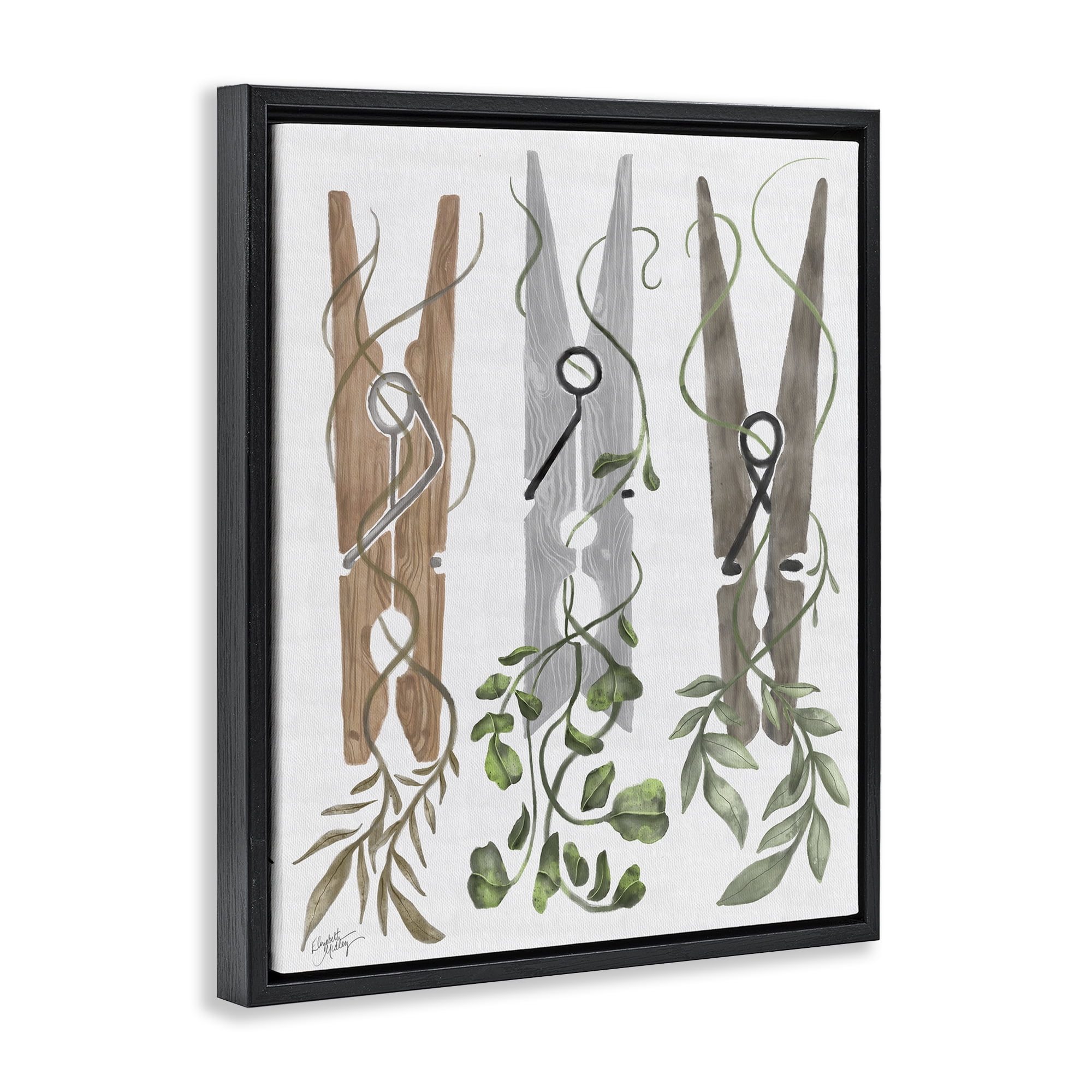 Stupell Industries Ivy Wrapped Clothespins Black Framed Floater Canvas Wall Art, design by Elizabeth Medley