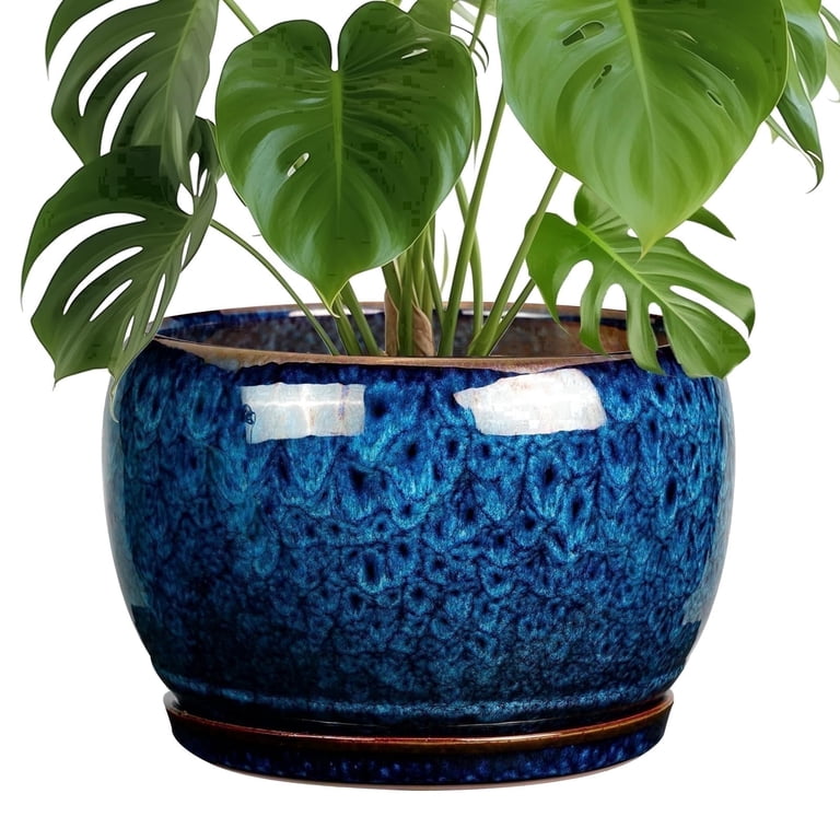 Ordivic 10 Inch Blue Glazed Ceramic Flower Pot photo 1