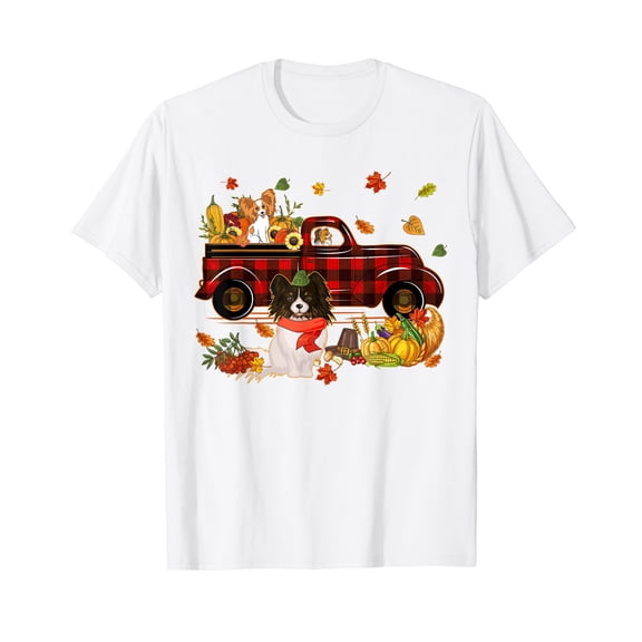 Papillon With Red Plaid Truck Thanksgiving Autumn Fall White T-Shirt