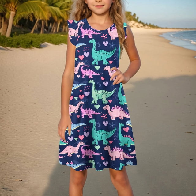 JINMIC Girls Short Flared Dress with Floral Print and Round Neck Sleeves with Ruffles for Kids,Navy,11 Years