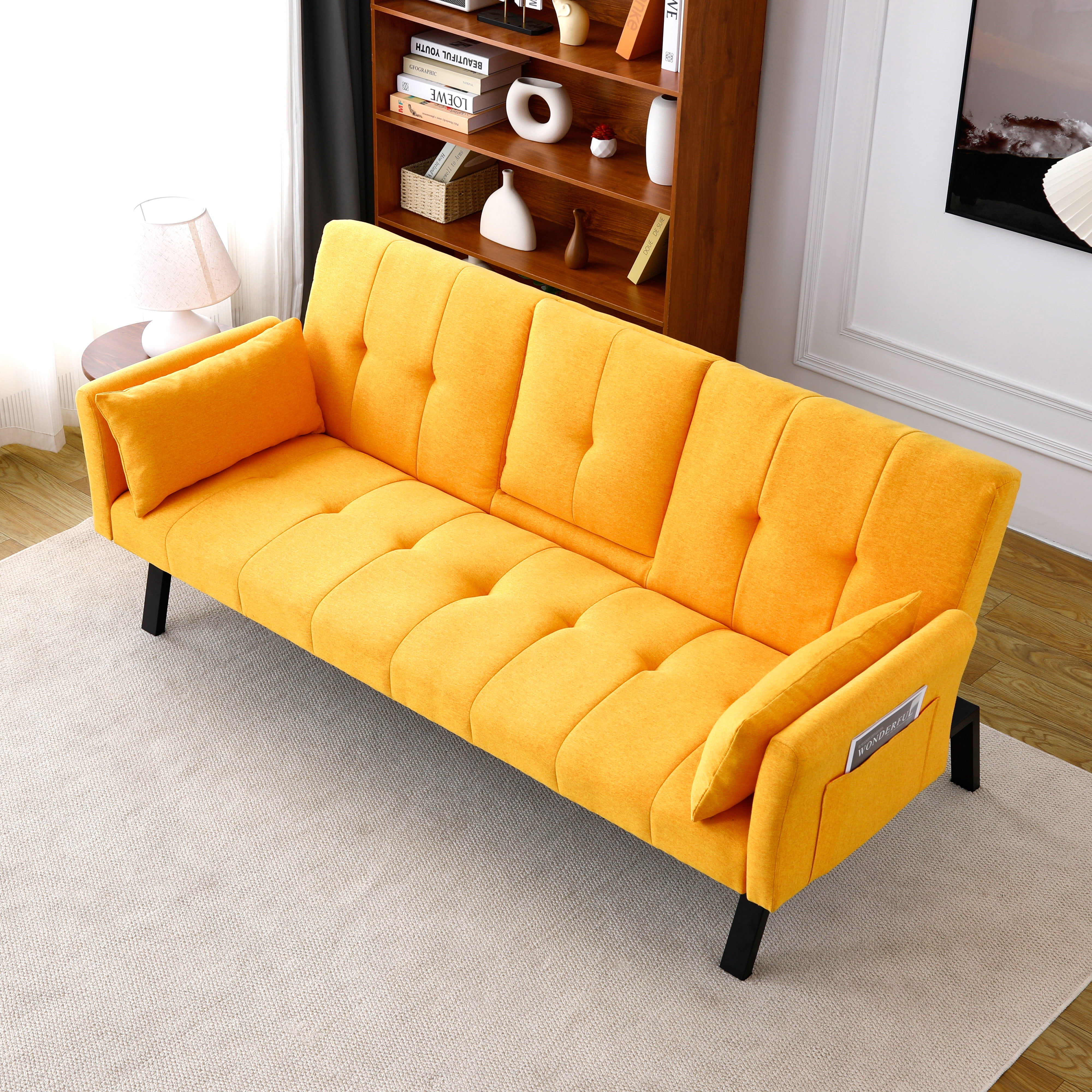 Euroco 70-inch multi-functional cotton and linen sofa bed: foldable + cup holder + side storage, instantly switch between living room and bedroom