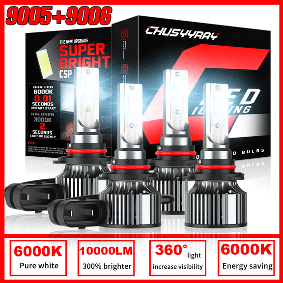 CHUSYYRAY LED Headlight 9005 High Beam 9006 Low Beam Bulbs Combo Kit 6000K Pure White Super Bright 4x