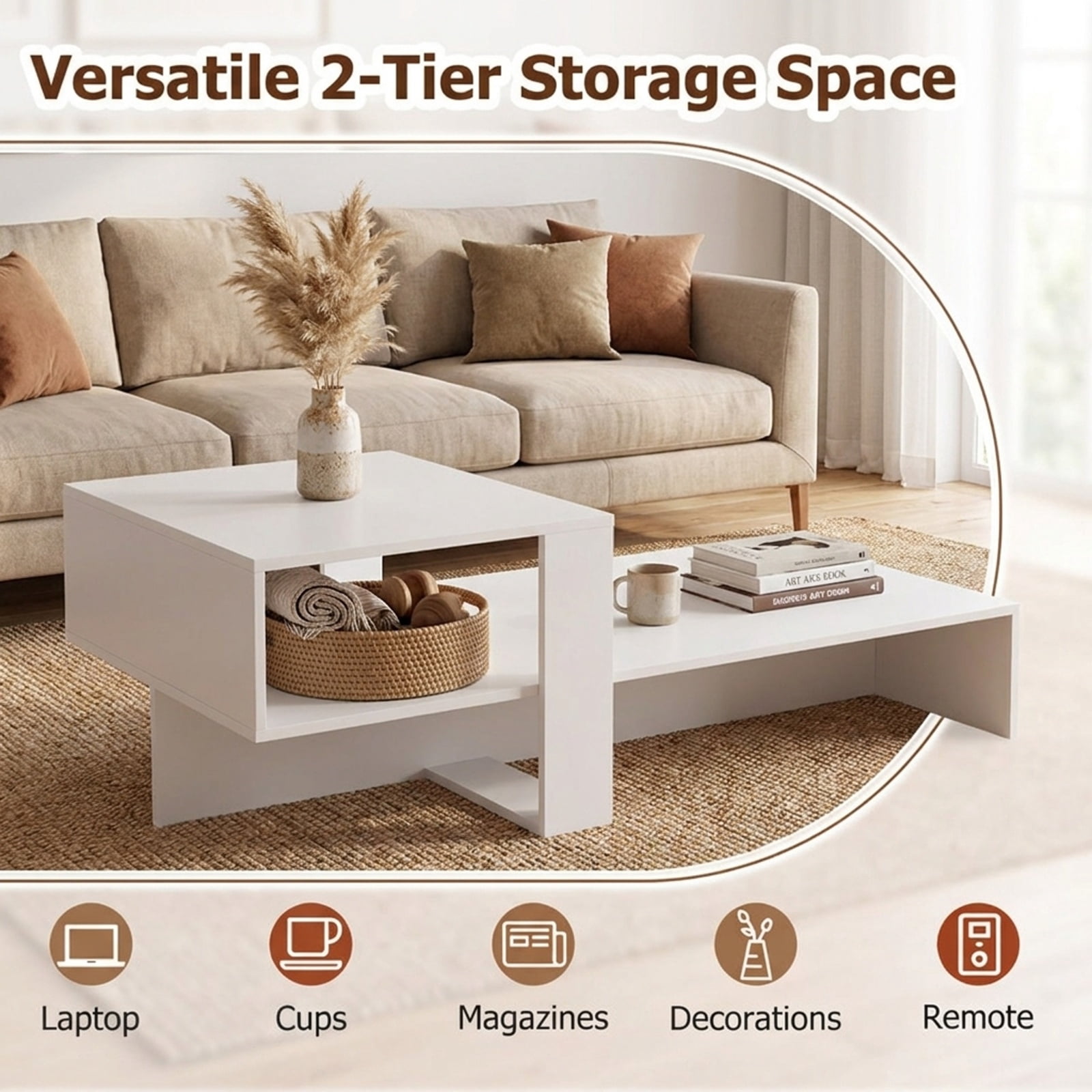 Furnibear 2 Tier Modern Irregular Coffee Table with Open Storage Shelf and Geometric Silhouette for Living Room for Home and Living Space, White