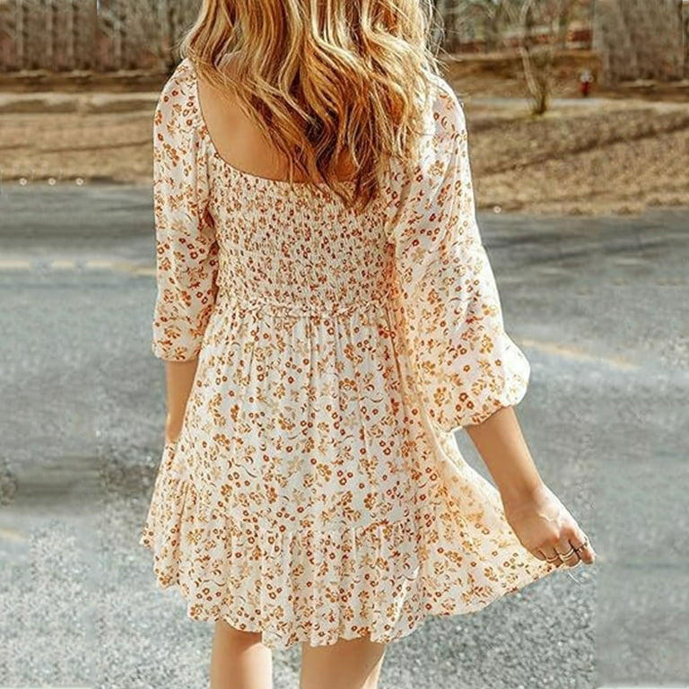 Womens Spring Summer Dresses Boho Floral Square Neck Smocked 3/4 Sleeve  Casual A Line Swing Mini Dress Womens Dresses Summer Dresses for Women Knee  ...