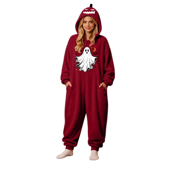 Halloween Pumpkin Hooded Onesie Adult Lounge Wear Onesie Hooded Pajama Jumpsuit, Oversized Full Body Costume for Couples Matching Fall Sleepwear Set