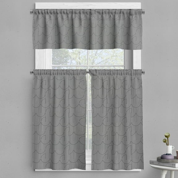 Ambesonne 80's Valance & Curtain, Monochrome Swirly Lines Art, 55"x24", Charcoal Grey White