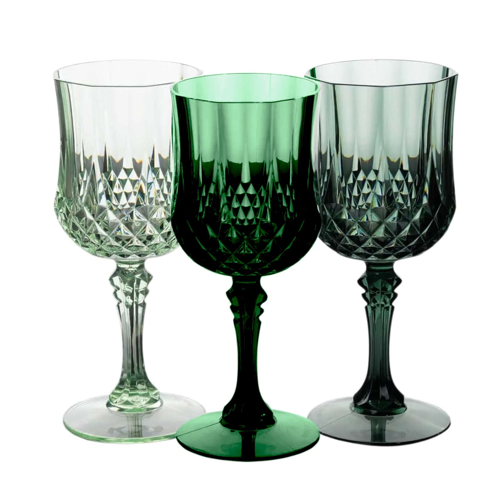 Efavormart 12 Pack Assorted Green Crystal Cut Reusable Plastic Wine Glasses, Shatterproof Cocktail Goblets 8oz