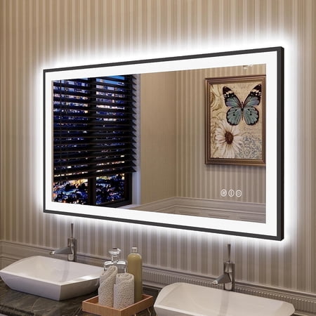 Condition photo showing New/Like New for oversized led anti-fog mirror  40 x 24 black metal frame wall bathroom mirror  dimmable by godchar
