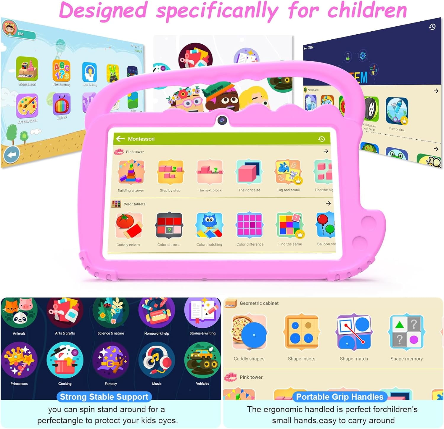 7 inch Kids Tablet Android Toddler Tablet, 7" Tableta for Boys Girls, 4GB RAM 32GB ROM WiFi Dual Camera IPS Safety Eye Protection Screen, Parental Control APP, Latest Model Kid Tablets, Pink