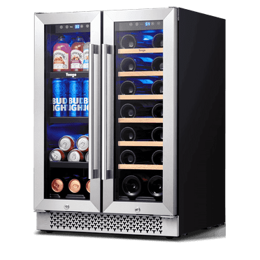 Yeego 24 inch Wine and Beverage Refrigerator, Hold 20 Bottles and 60 Cans, 36℉~72℉ Digital Touch Control, Built-in or Freestanding Dual-Zone Wine Cooler Fridge with French Door