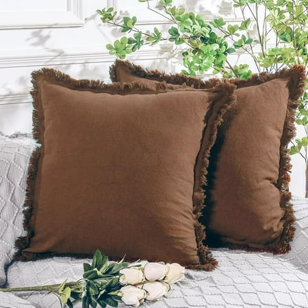 

NEXHOME PRO Boho Throw Pillow Covers for Couch Set of 2 16x16 Handmade Decorative Linen Pillow Covers for Bed Sofa Living Room Farmhouse Fringed Cushion Covers Fall Brown (NO Insert)