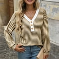 thumbnail image 2 of XuJwPNcy Womens Long Sleeve Shirts V-Neck Striped Slim Fit Tops with Button Casual Fashion Pullover Clothes Fall Outfits for Women（Coffee,XX-Large), 2 of 7