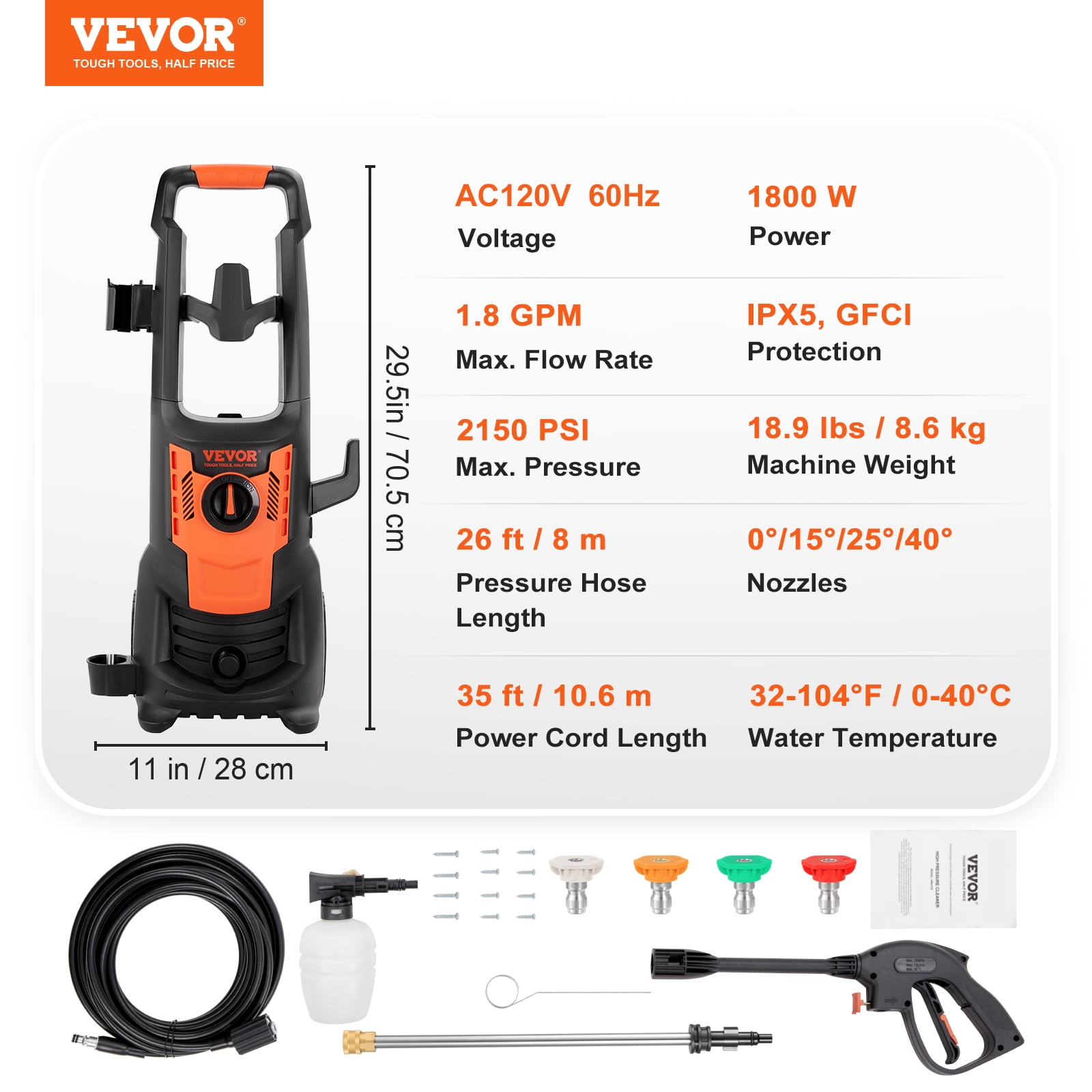 VEVOR Electric Pressure Washer, 2150 PSI, Max. 1.8 GPM Power Washer w/ 26 ft Hose & Reel, 4 Quick Connect Nozzles, Foam Cannon, Portable to Clean Patios, Cars, Fences, Driveways, ETL Listed