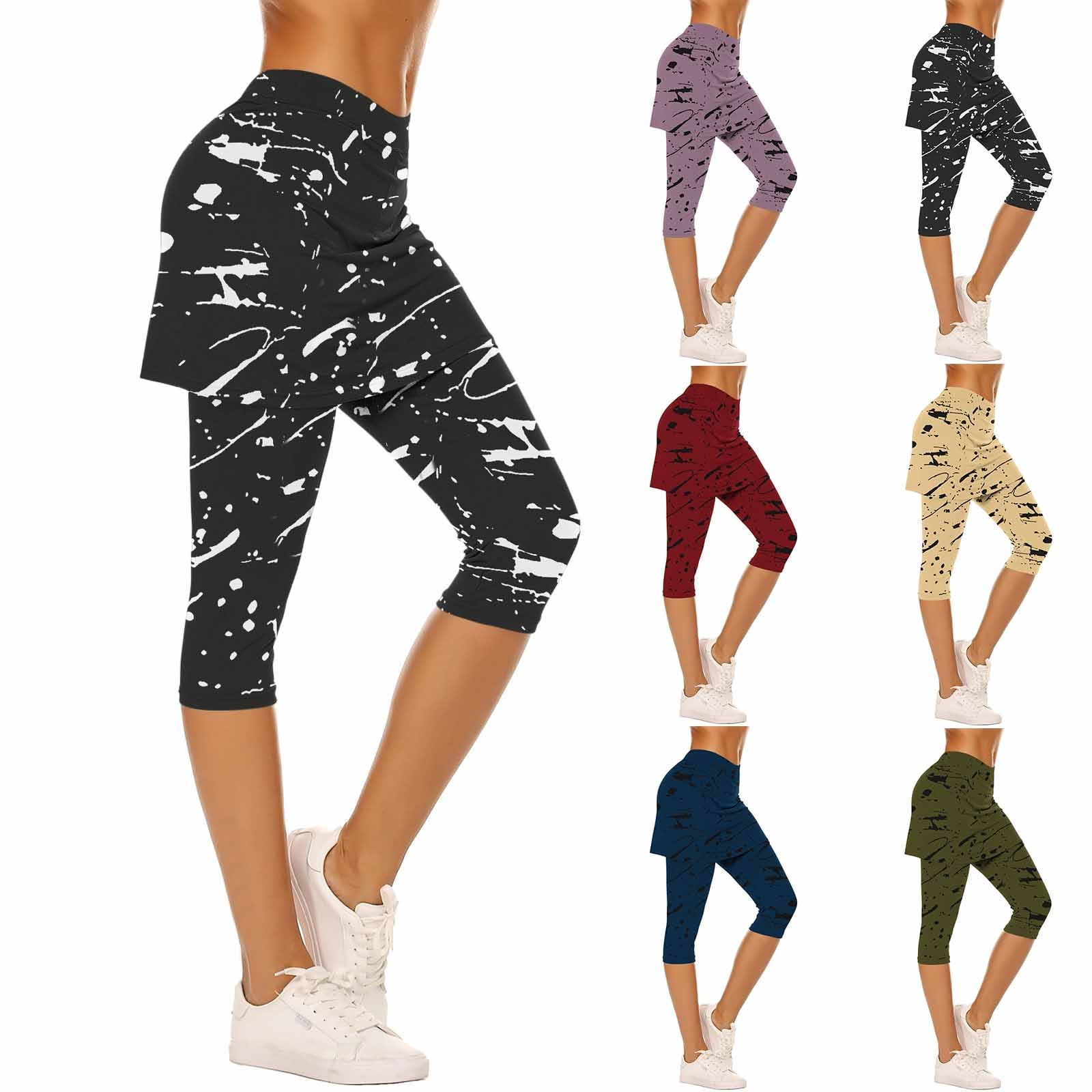 Kvture Womens Sports Skort Running Leggings with Skirt Tennis Skirts Tight Capris 3/4 Length Yoga Pants Skirted Capri Trousers Print Outdoor Tights Wine XXL