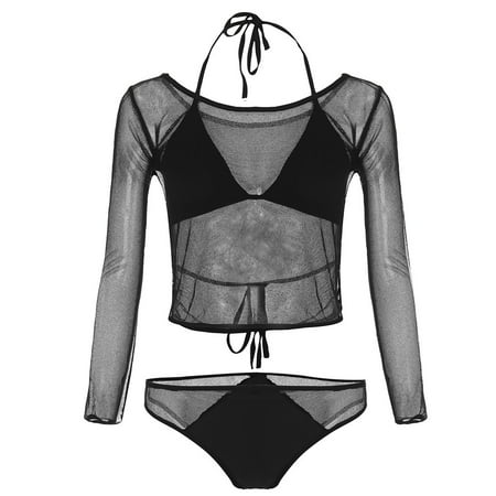 

Follure Ladies casual underwear bra Womens Mesh Long Sleeve Swimsuits 3 Pcs Bikini Beach Swimwear Bathing Black XL