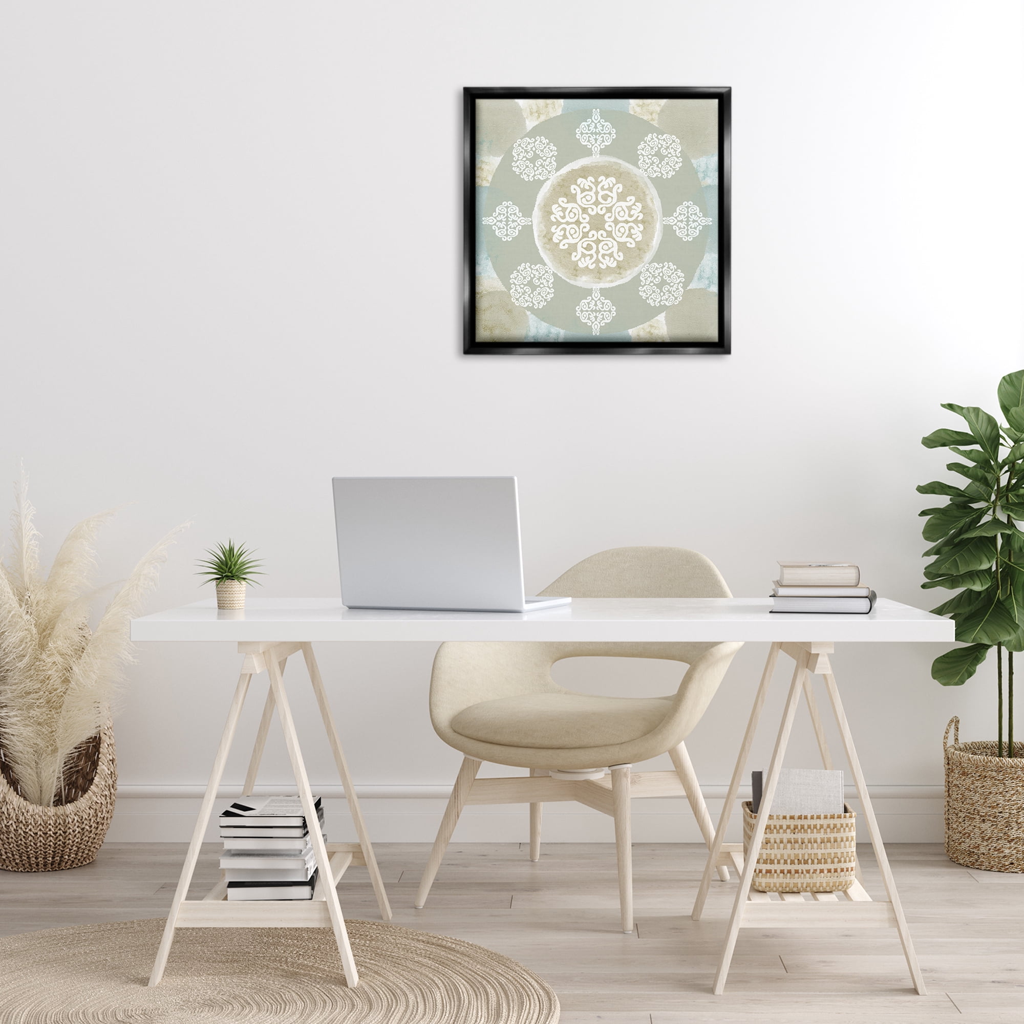 Stupell Industries Mint & Beige Mandala Abstract Painting Black Floater Framed Canvas Art Print Wall Art, 25 x 25