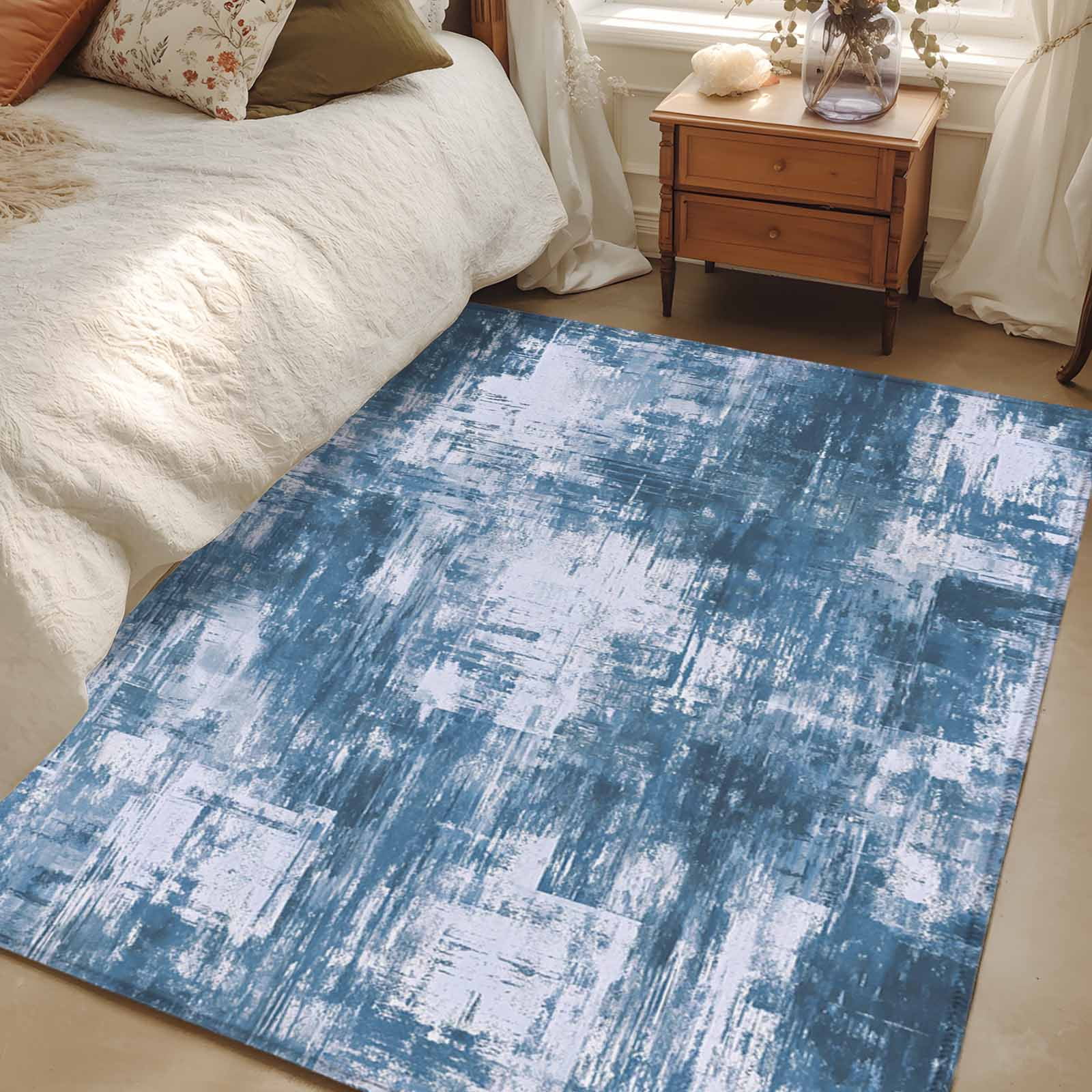 Area Rug for Living Room, Modern Blue Non-Slip Indoor Large Carpet for Bedroom/Dining Room, Vintage Abstract Art Contemporary Washable Low-Profile Rectangle Floor Runner Rugs - 4 x 6 Ft