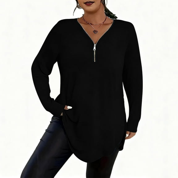 Enjoytime Long Sleeve Shirts for Women Solid Color Crewneck Zipper Knit Casual Tops Business Work Fashion Plus Size Blouse Black XXL