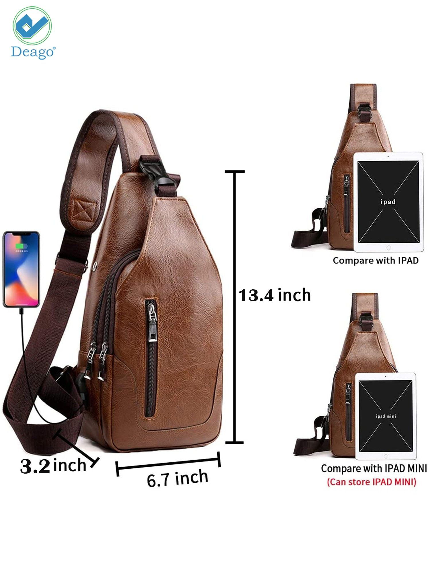 Deago PU Leather Sling Bag for Men & Women - Chest Shoulder Bag Unbalance Crossbody  Backpack Water Resistant Daypack for Gym Travel Hiking (13.8 * 6.7 *  2.5, Black) 