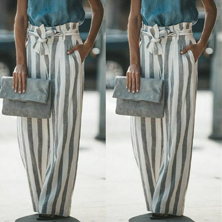 The Noble Collection Summer Women Casual High Waist Bandage Striped Wide Leg Long Pants