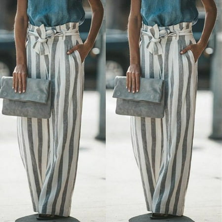 Striped Wide Leg Pants - The Noble Collection Summer Women Casual High Waist Bandage Striped Wide Leg Long Pants Trousers