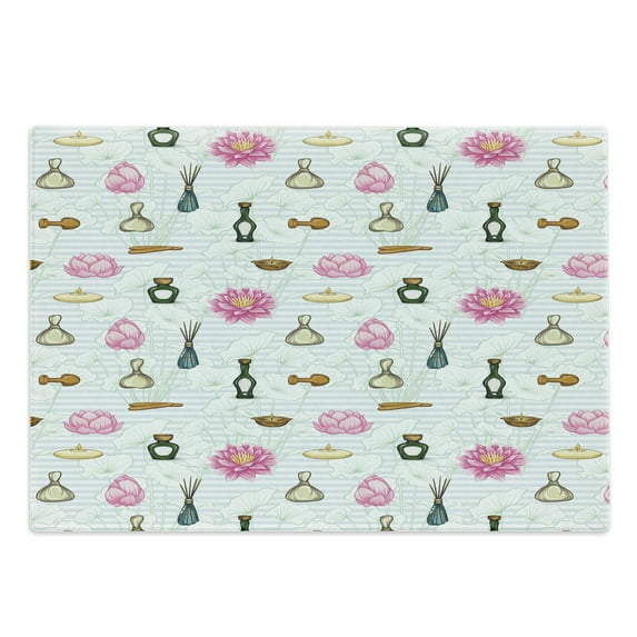 Floral Cutting Board, Print of Colorful Perfume Bottles and Flowers on a Background of Stripes, Decorative Tempered Glass Cutting and Serving Board, in 3 Sizes, by Ambesonne