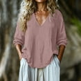 thumbnail image 1 of Neewe 3/4 Length Sleeve Womens Cotton Linen Tops Summer 3/4 Sleeve V-Neck Blouses Dressy Casual T-Shirt, 1 of 5