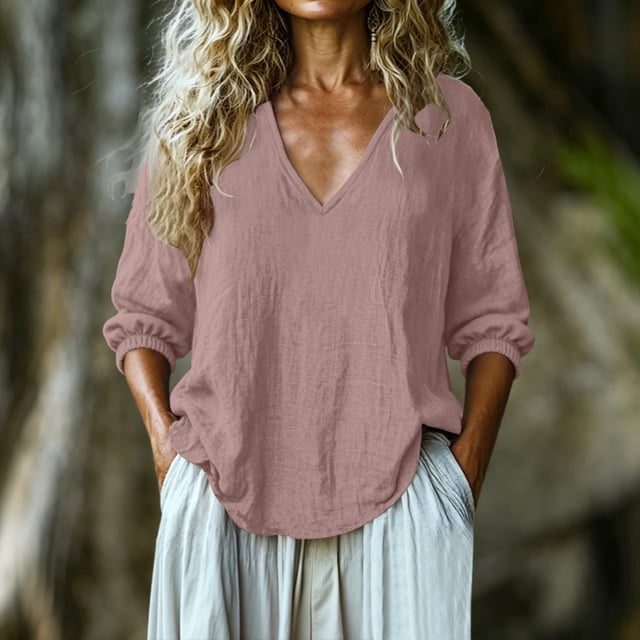 Neewe 3/4 Length Sleeve Womens Cotton Linen Tops Summer 3/4 Sleeve V-Neck Blouses Dressy Casual T-Shirt