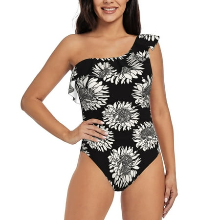 Qokaie White Sunflowers Print Women s One Piece Swimsuits Tummy Control Bathing Suits Asymmetric One Shoulder Swimwear-Large