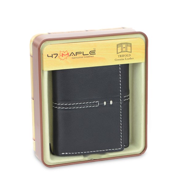 47 Maple Men's Center Stitch Design Genine Black Leather RFID Trifold Wallet in Tin Box
