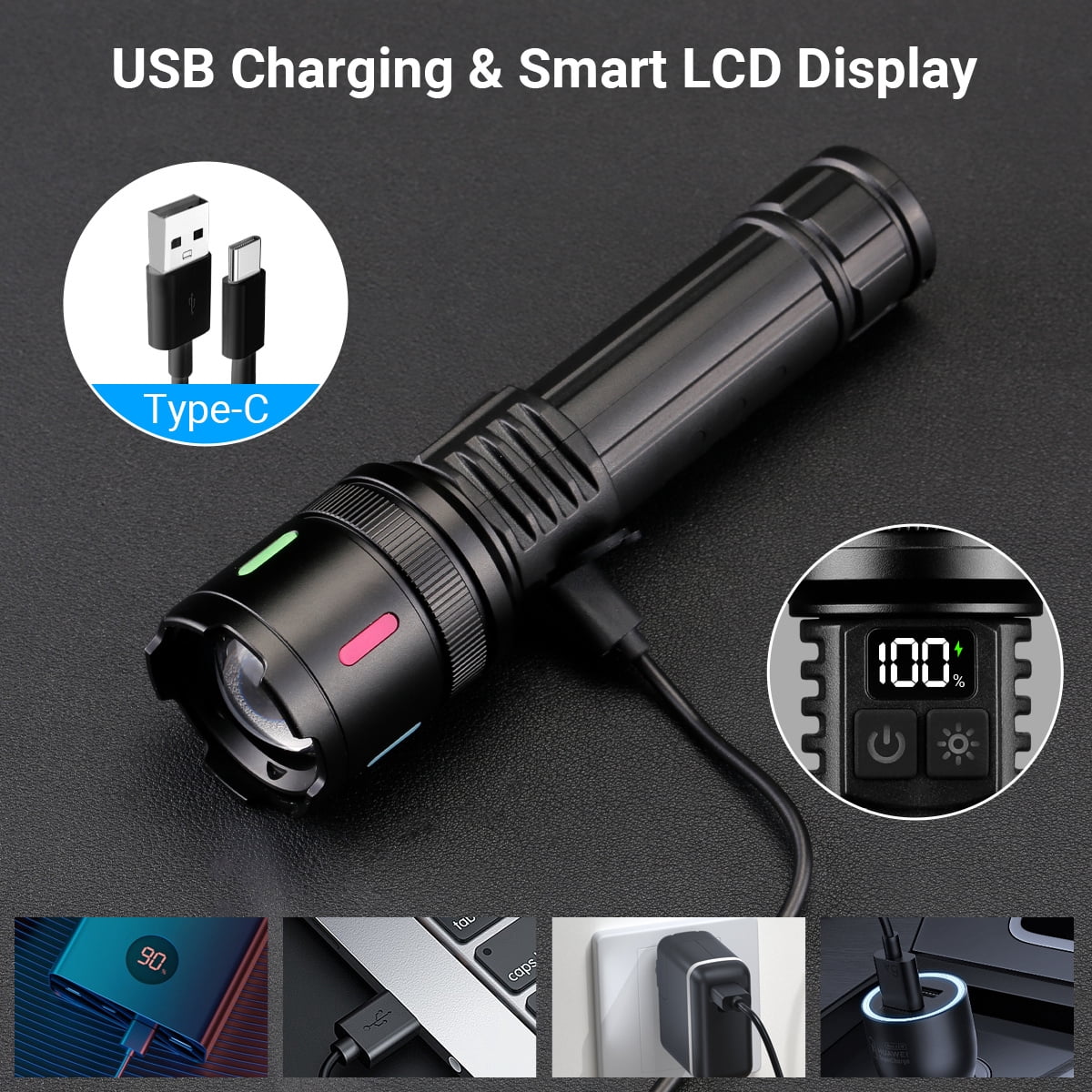 2pack High Lumens Rechargeable Flashlights,7Modes Super Bright Waterproof Handheld Powerful Flashlight with COB Sidelight and LCD Power Display for Emergencies/Home/Camping/Outdoor