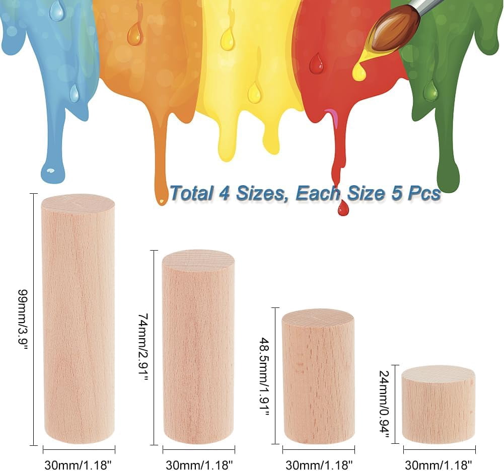 1set 20 pcs 4 Sizes Wooden Craft Blocks Cylinders Unfinished Wooden Round Sticks Beech Wood Craft Sticks Building Carving for Crafts Painting Home and Garden Decoration