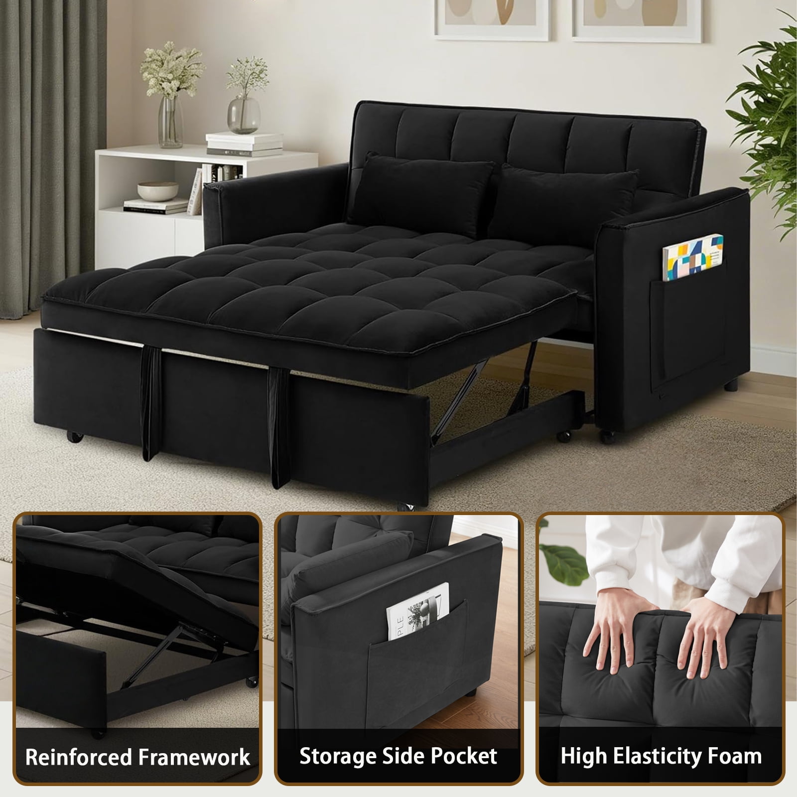EPOWP 3 in 1 Folding Convertible Sofa Bed,55'' Pull Out Couch Bed with Side Pocket,Velvet Fabric Loveseat Sleeper Sofa with Adjustable Backrest,Easy Assembly,Perfect for Living Room,Black