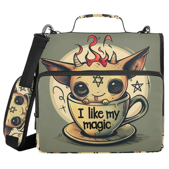 3 Ring Zipper Binder with Shoulder Strap Waterproof Trapper Keeper 1.5 Inch D-Ring 500 Sheets Capacity Cute Demon on Cup