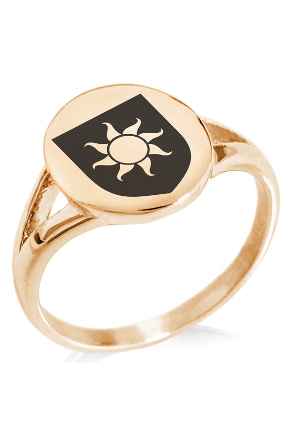 Stainless Steel Sun Splendor Coat of Arms Shield Minimalist Oval Top Polished Statement Signet Ring