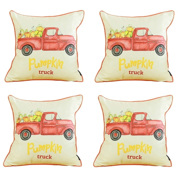Decorative Fall Thanksgiving Throw Pillow Cover Set of 4 Red Pumpkin Truck 18 in. x 18 in. White & Red Square for Couch , Bedding