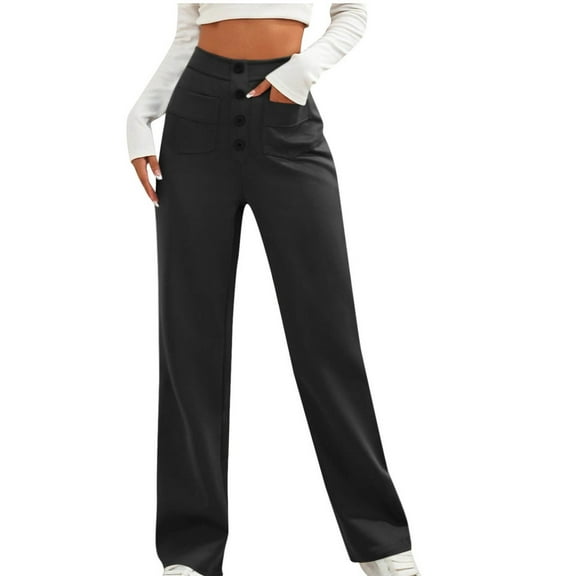 WREESH Womens Business Casual Pants Fashion Casual Temperament Pockets Solid Color Elastic Waist Long Pants Black