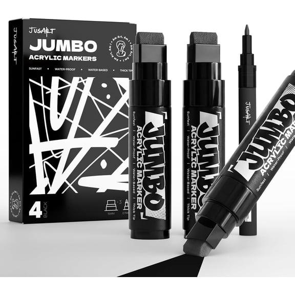JusArt 4 Pcs Black Jumbo Poster Marker Set, 15mm Wide Tip and 0.7mm Fine Tip, Acrylic Paint Markers for Rock, Fabric, Glass, Metal, Wood