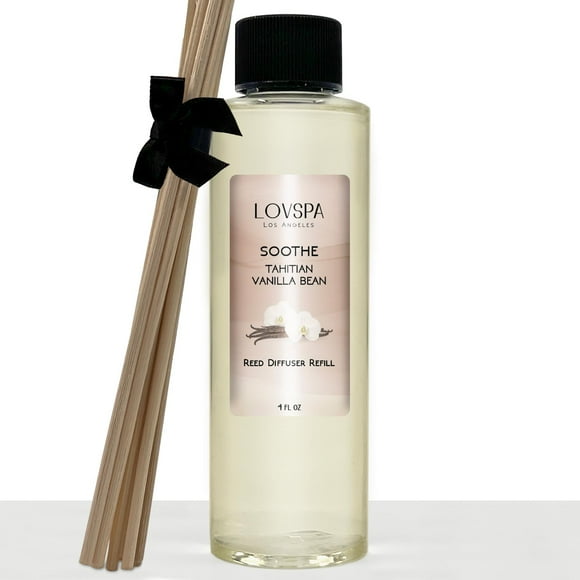 LOVSPA Soothe Tahitian Vanilla Bean Reed Diffuser Refill Oil with Replacement Reed Sticks | Vanilla Absolute Amber and Tonka Bean Essential Oils 4 oz - Made in The USA