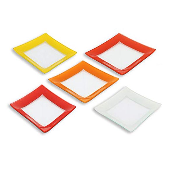 GAC Assiettes à Dessert Carrées en Verre Trempé au Design Unique, Couleurs Rouges Assorties - 6 Pouces - Ensemble de 5 - Résistantes aux Chocs - Compatibles Four, Micro-Ondes et Lave-Vaisselle - Ensemble Attrayant d'Assiettes à Salade Multicolores