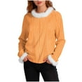 thumbnail image 2 of JTZGDY Fuzzy Trim Sweatshirts for Women Lightweight Casual Winter Warm Long Sleeve Striped/Color Block/Plaid/Floral Printed Crewneck Pullover Tops Loose Oversied Graphic T-Shirts Orange#01 XXXL, 2 of 6