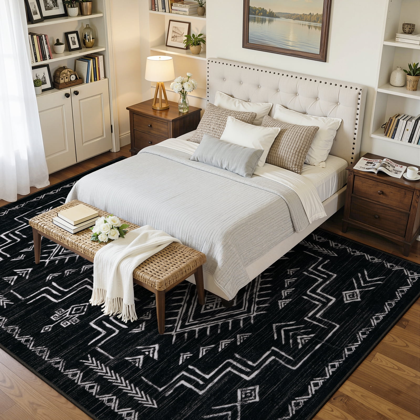 Lahome Washable 8'x10' Area Rug, Black Rugs for Living Room, Non-Slip Aztec Tribal Moroccan Carpet for Bedroom, Neutral Large Area Rugs Under Dining Table Home Office, Black